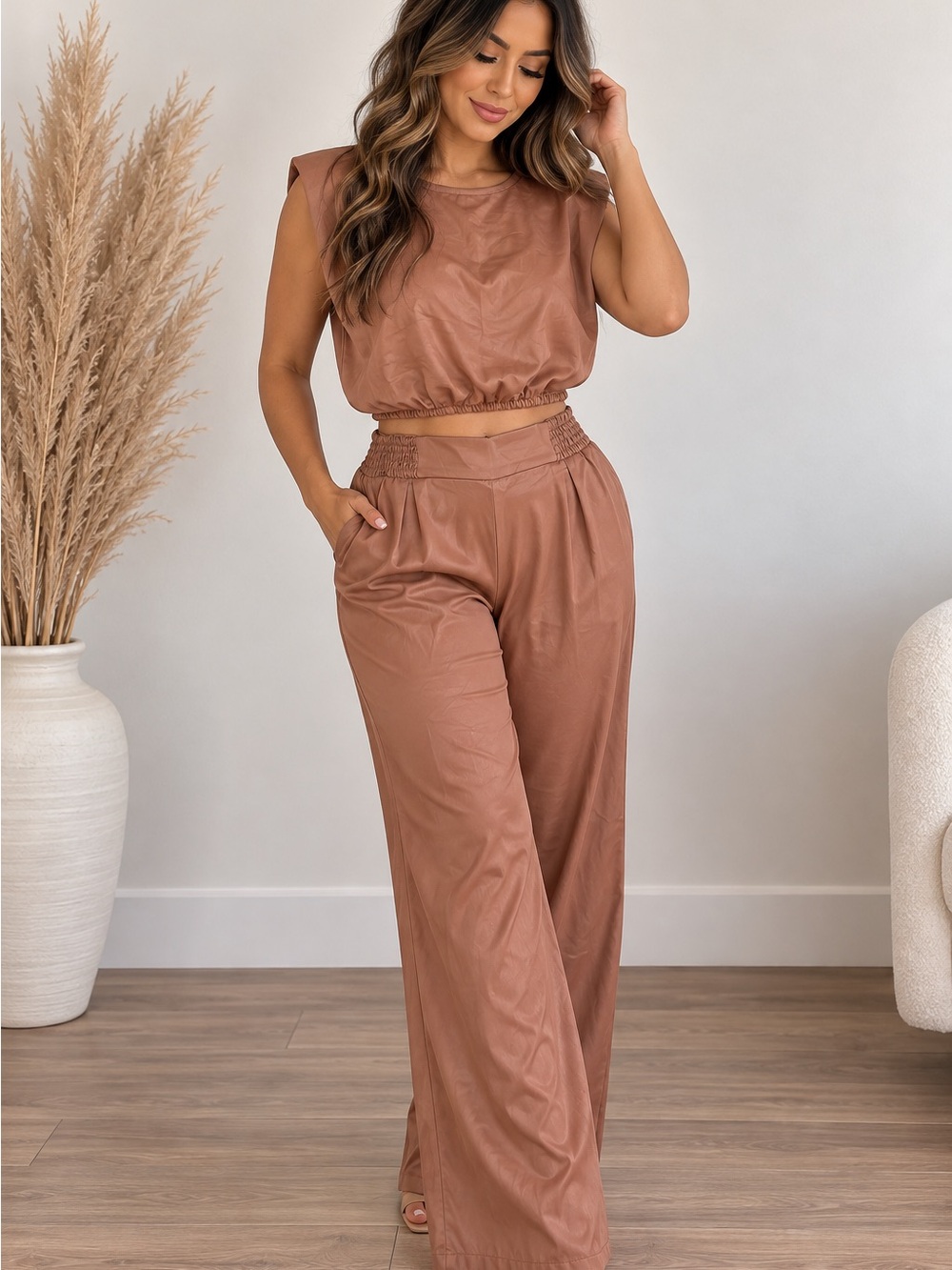 Rust Brown Wide-Leg Crop Top & High-Waist Pants Set